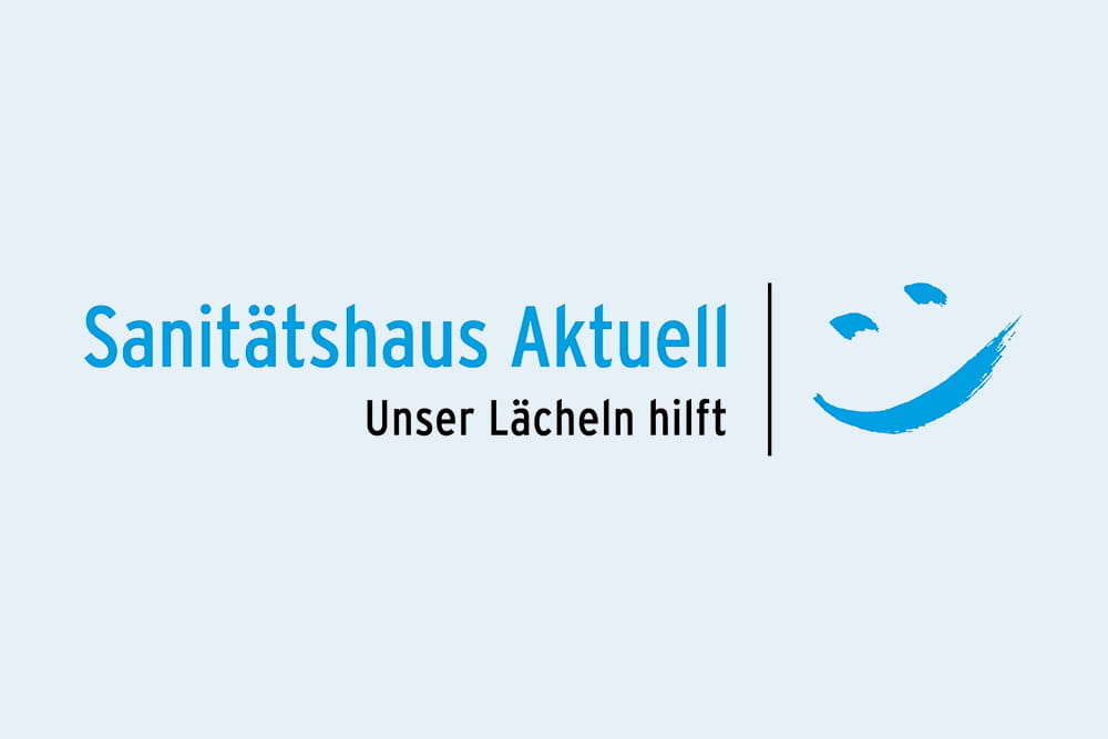 Das Logo von Sanitätshaus Aktuell auf einem blauen Hintergrund.