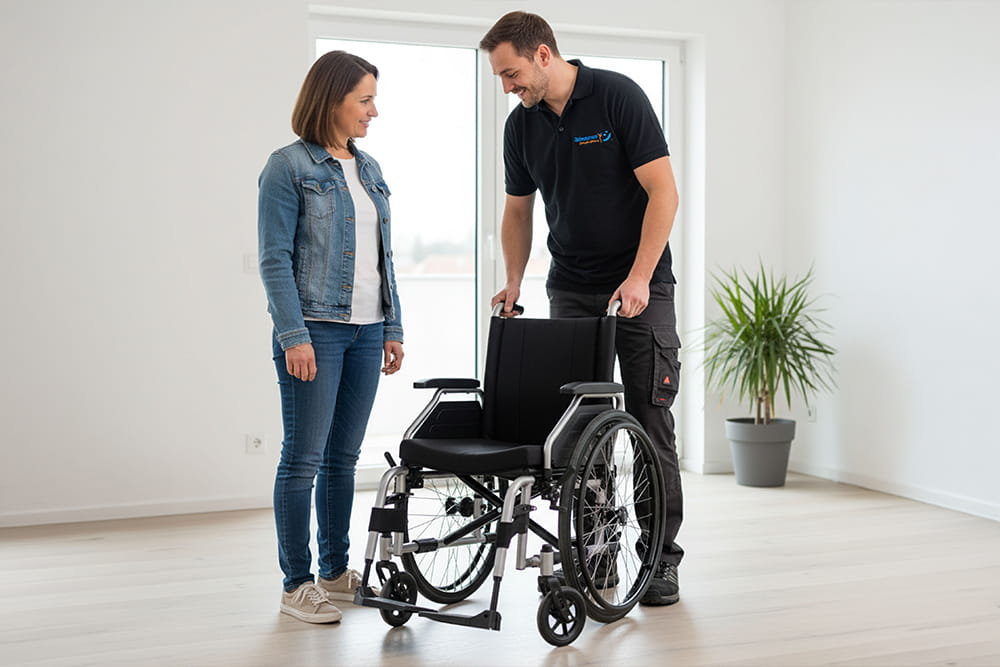 Ein Reha-Techniker steht mit einem Rollstuhl in einer Wohnung vor einer Frau.